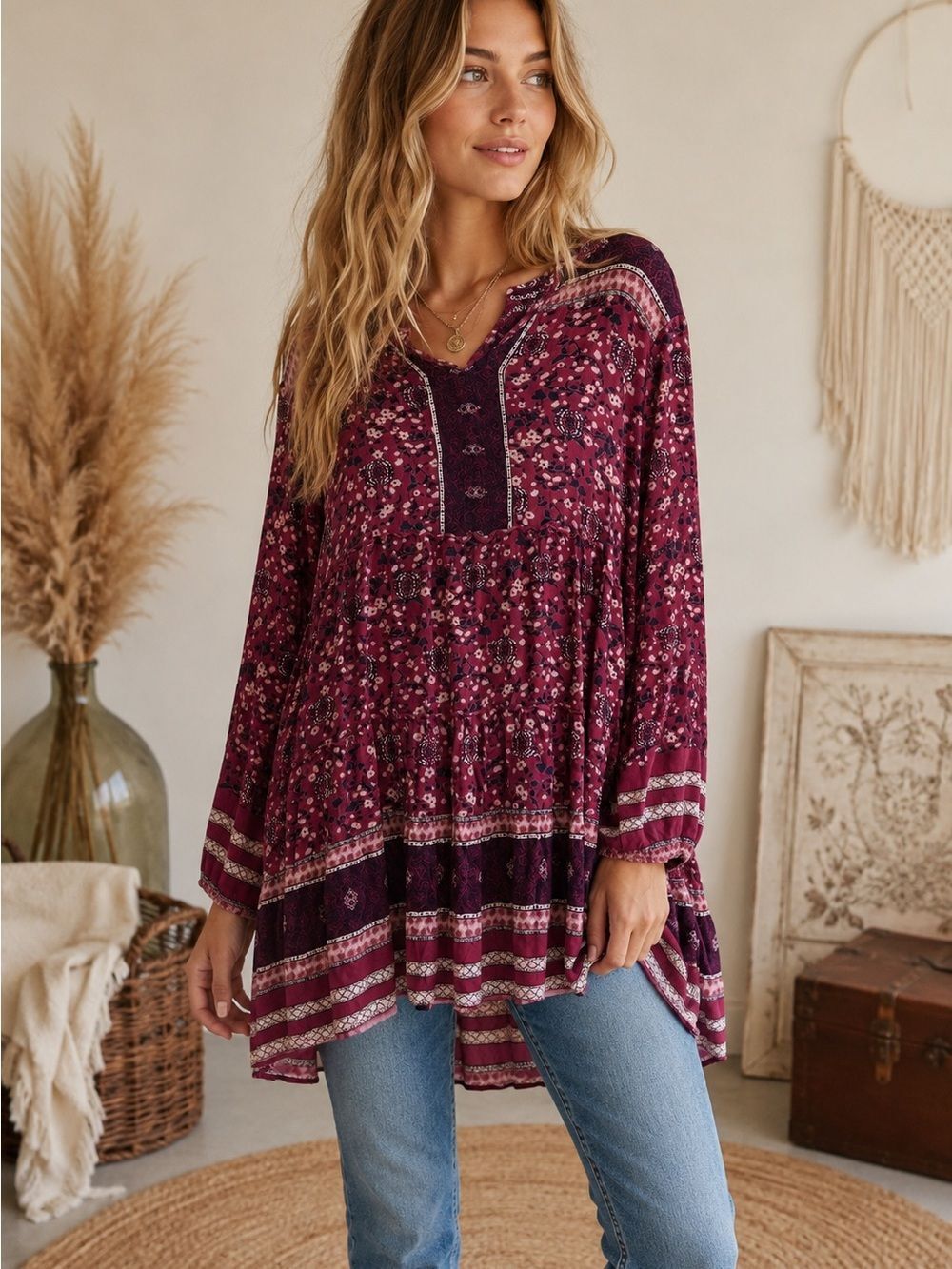 Knox Rose Burgundy Floral Boho Tunic